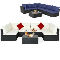 Costway 7PCS Patio Rattan Furniture Set Sectional Sofas Off White & Navy Cushion Covers -Outdoor Deals Garden Store GUEST 9a94a79f 6eba 42b3 9868 1a28550fd9c2