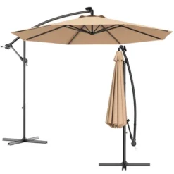 Costway 10' Hanging Solar LED Umbrella Patio Sun Shade Offset Market W/Base Beige