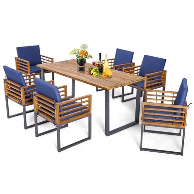 Costway 7pcs Patio Acacia Wood Dining Chair & Table Set Heavy-Duty Space-Saving Outdoor 8 Costway 7pcs Patio Acacia Wood Dining Chair & Table Set Heavy-Duty Space-Saving Outdoor - Image 8
