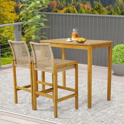 Costway Set Of 2 Patio Wood Barstools Rattan Bar Height Chairs With Backrest Porch Balcony 1 Costway Set Of 2 Patio Wood Barstools Rattan Bar Height Chairs With Backrest Porch Balcony