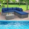 Costway 6PCS Patio Wicker Furniture Set Cushioned Sectional Sofa Coffee Table Navy Deck