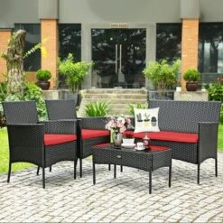 Costway 4PCS Patio Rattan Furniture Set Cushioned Sofa Coffee Table Backyard TurquoiseRed -Outdoor Deals Garden Store GUEST 9f5fb691 a77a 4f79 9517 20157b6e3772