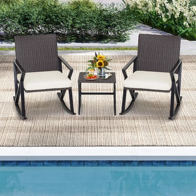 Costway 3PCS Patio Rattan Wicker Rocking Chairs Table Bistro Set Cushioned Rocker Garden 2 Costway 3PCS Patio Rattan Wicker Rocking Chairs Table Bistro Set Cushioned Rocker Garden - Image 2