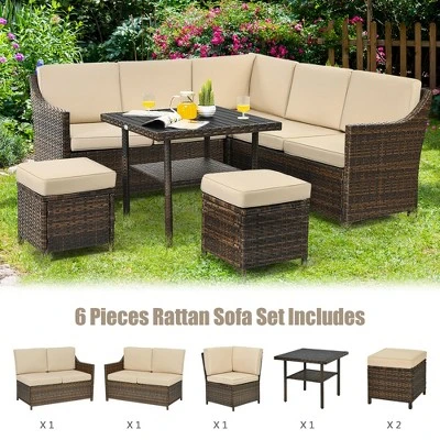 Costway 6PCS Patio Rattan Dining Sofa Furniture Set Ottoman Table Lower Shelf 7 Costway 6PCS Patio Rattan Dining Sofa Furniture Set Ottoman Table Lower Shelf - Image 7