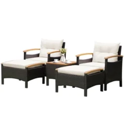 Costway 5PCS Patio Rattan Furniture Set Sofa Ottoman Cushioned Table W/Wood Top -Outdoor Deals Garden Store GUEST a1496fb7 3b96 42ff bcc8 308f3b5fe6bf