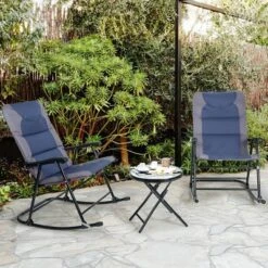 Costway 3PCS Folding Bistro Set Rocking Chair Cushioned Table Garden Blue -Outdoor Deals Garden Store GUEST a1ef3a05 ed98 4832 8fea 78d42de239ff