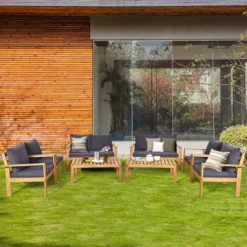 Costway 8PCS Patio Furniture Set Acacia Wood Thick Cushion Loveseat Sofa Off WhiteTurquoiseGrey -Outdoor Deals Garden Store GUEST a25ee807 3cb0 461c aca3 c3312f50e90f