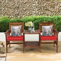 Costway Patio Loveseat Conversation Set Acacia Wood Chair Coffee Table Cushioned White Red -Outdoor Deals Garden Store GUEST a3b14459 7051 43e8 8ac1 e465362c38d1