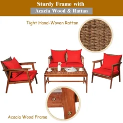 Costway 4PCS Patio Rattan Furniture Set Acacia Wood Frame Cushioned Sofa Chair -Outdoor Deals Garden Store GUEST a3cab5d7 9714 4d51 943d f30834c135a8