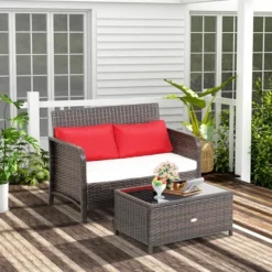 Costway 2PCS Patio Rattan Wicker Love-seat Coffee Table Set Cushioned Bench Garden Deck -Outdoor Deals Garden Store GUEST a5ccdcf0 7950 4a8a a414 a5c8f8e3957e