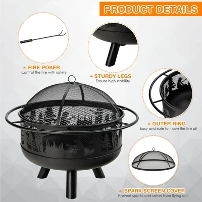 Costway 30'' Patio Round Fire Pit W/ Fire Poker Cooking Grill For Camping BBQ 8 Costway 30'' Patio Round Fire Pit W/ Fire Poker Cooking Grill For Camping BBQ - Image 8