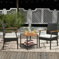 Costway Patio PE Wicker Chairs Acacia Wood Armrests With Soft Zippered Cushion Balcony