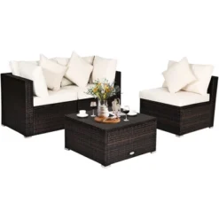 Costway 4PCS Patio Rattan Wicker Sofa Furniture Set Cushioned Conversation Ottoman Set