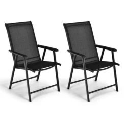 Costway 2PCS Patio Folding Dining Chairs Portable Camping Armrest Garden Black/Grey -Outdoor Deals Garden Store GUEST a996c2b9 109d 49e4 90f4 3dde59adf7bb