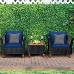 Costway 3 PCS Outdoor Patio Rattan Bistro Furniture Set Wooden Table Top Cushioned Sofa Black Brown -Outdoor Deals Garden Store GUEST a9bde251 1b0e 4a0d 95b6 f56a7e507e46