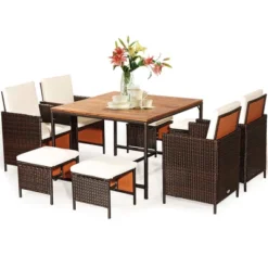 Costway 9PCS Acacia Wood Patio Rattan Dining Set Cushioned Chairs Ottoman