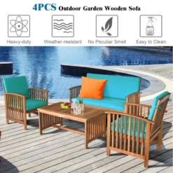 Costway 4PCS Patio Solid Wood Furniture Set Conversation Coffee Table TurquoiseBlack Cushion -Outdoor Deals Garden Store GUEST abd35c39 0021 412b bf6c be88d4b7b21e