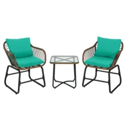 Costway 3PCS Patio Rattan Bistro Set Cushioned Chair Glass Table Deck WhiteTurquoise -Outdoor Deals Garden Store GUEST abf54e27 be5e 48e8 9495 94dbed24dfe4