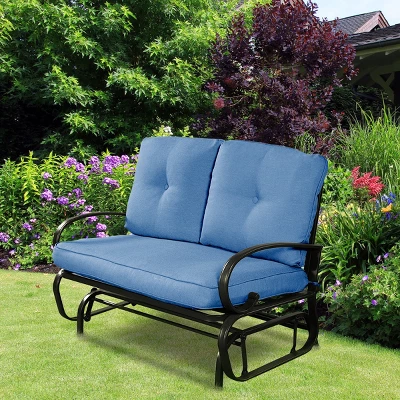 Costway Glider Outdoor Patio Rocking Bench Loveseat Cushioned Seat Steel Frame Blue 2 Costway Glider Outdoor Patio Rocking Bench Loveseat Cushioned Seat Steel Frame Blue - Image 2