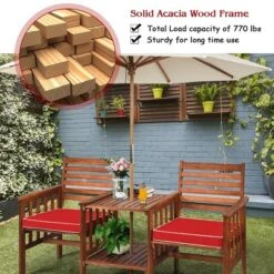 Costway Patio Loveseat Conversation Set Acacia Wood Chair Coffee Table Cushioned White Red -Outdoor Deals Garden Store GUEST adec2417 8121 47c2 8f31 f715998b72c7