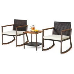 Costway 3PCS Patio Rattan Rocking Chair Bistro Set Armrest Cushion Table With Storage Shelf -Outdoor Deals Garden Store GUEST aea0523d 8fbe 4107 9ee2 315775433870
