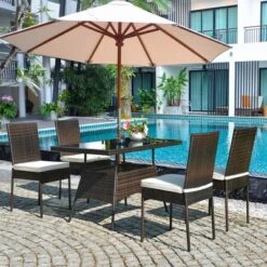 Costway 10 PCS Patio Rattan Dining Set Glass Table High Back Chair Garden Deck Mix Brown -Outdoor Deals Garden Store GUEST b0093964 e94d 4796 9d55 2d1114e4782a