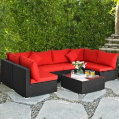 Costway 7PCS Rattan Patio Conversation Set Sectional Furniture Set W/ Red Cushion