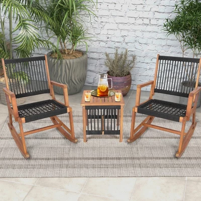 Costway 3pcs Patio Acacia Wood Bistro Table Rocking Chair Set All-Weather Rope Outdoor 3 Costway 3pcs Patio Acacia Wood Bistro Table Rocking Chair Set All-Weather Rope Outdoor - Image 3