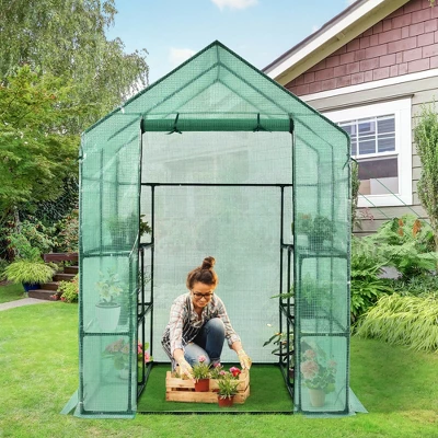 Costway Walk-in Greenhouse 56''x56''x77'' Gardening W/Observation Windows 2 Tier 8 Shelves 1 Costway Walk-in Greenhouse 56''x56''x77'' Gardening W/Observation Windows 2 Tier 8 Shelves