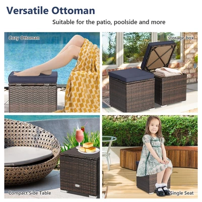 Costway 2PCS Patio Rattan Ottomans Seat Side Table Storage Box Footstool W/Cushions Navy 6 Costway 2PCS Patio Rattan Ottomans Seat Side Table Storage Box Footstool W/Cushions Navy - Image 6