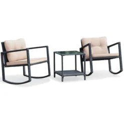 Costway 3PC Patio Rattan Conversation Set Rocking Chair Cushioned Sofa Garden Furniture -Outdoor Deals Garden Store GUEST b323e148 4191 46ca 8294 d1b854440233