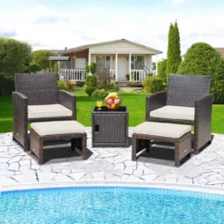 Costway 5PCS Patio Rattan Furniture Set Ottoman Cushioned W/Cover Space Saving Off White/Gray/Red/Turquoise -Outdoor Deals Garden Store GUEST b3c85f15 eeab 4656 8547 e2f14ddbabe5