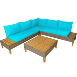 Costway 8PCS Patio Rattan Furniture Set Loveseat W/Wooden Side Table Cushioned Turquoise -Outdoor Deals Garden Store GUEST b50ec3da 4bfd 43fb 9a7a 1555726dcbac