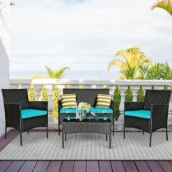 Costway 4PCS Patio Rattan Furniture Set Cushioned Sofa Coffee Table Backyard TurquoiseRed -Outdoor Deals Garden Store GUEST b5dc4960 b9e2 4bfd 889b 1f8942a5ff50