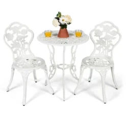 Costway 3PCS Cast Aluminum Patio Bistro Furniture Set Rose Design Outdoor White