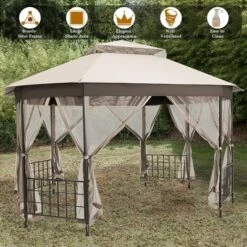 Costway 10'x12' Patio Gazebo Canopy Shelter Double Top Netting Sidewalls Beige -Outdoor Deals Garden Store GUEST b68b8089 c911 47a6 966b 883a39dc7ea9