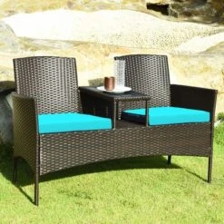 Costway Patio Rattan Conversation Set Loveseat Sofa Cushioned Coffee Table TurquoisRed -Outdoor Deals Garden Store GUEST b883f95e 4b11 4661 99b2 45f7847db6ba