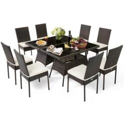 Costway 10 PCS Patio Rattan Dining Set Glass Table High Back Chair Garden Deck Mix Brown