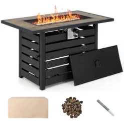 Costway 6PCS Patio Rattan Furniture Set 42'' Fire Pit Table Cover Sofa Cushion Off White/Black/Navy/Red/Turquoise -Outdoor Deals Garden Store GUEST b9c3c3c9 be0c 4df1 91e8 1a3056b9e451