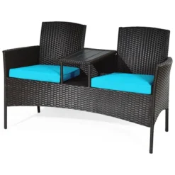 Costway Patio Rattan Conversation Set Loveseat Sofa Cushioned Coffee Table TurquoisRed