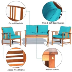 Costway 4PCS Wooden Patio Furniture Set Table Sofa Chair Cushioned Garden Turquoise -Outdoor Deals Garden Store GUEST ba1a040a 86af 40b5 8b17 1fccb4529c00