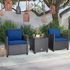 Costway 3PCS Patio Wicker Furniture Set With Beige & Navy Cushion Covers Balcony -Outdoor Deals Garden Store GUEST ba1c33b1 120b 427d bdb3 1998b6a7399d