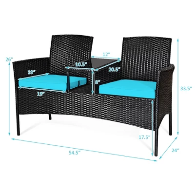 Costway Patio Rattan Conversation Set Seat Sofa Cushioned Loveseat Glass Table Chair RedTurquoise 2 Costway Patio Rattan Conversation Set Seat Sofa Cushioned Loveseat Glass Table Chair RedTurquoise - Image 2