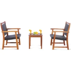 Costway 3PCS Patio Rattan Bistro Set Acacia Wood Frame Armrest Chairs Garden -Outdoor Deals Garden Store GUEST bb16acd1 146a 4cab 949d f4389978c428