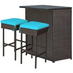 Costway 3PCS Patio Rattan Wicker Bar Table Stools Dining Set Cushioned Chairs Turquoise -Outdoor Deals Garden Store GUEST bc12f54f ea9c 48ed 9ef8 acf685f16629
