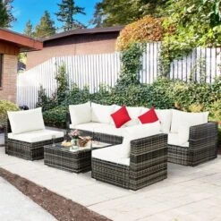 Costway 7PCS Patio Rattan Furniture Set Sectional Sofa Garden White Cushion