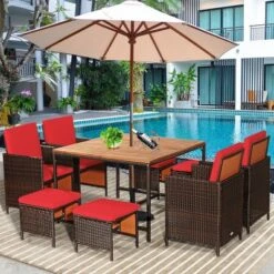 Costway 9PCS Patio Rattan Dining Set Cushioned Chairs Ottoman Wood Table Top WhiteRed -Outdoor Deals Garden Store GUEST bcbc7171 ae19 4f8d b4ca 759523a7f690