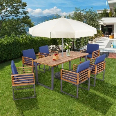 Costway 7pcs Patio Acacia Wood Dining Chair & Table Set Heavy-Duty Space-Saving Outdoor 1 Costway 7pcs Patio Acacia Wood Dining Chair & Table Set Heavy-Duty Space-Saving Outdoor