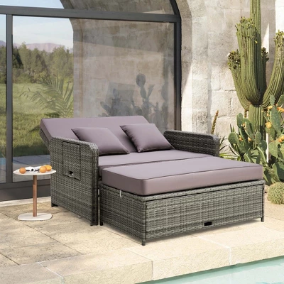Costway Patio Rattan Daybed Set Wicker Loveseat Sofa With Ottoman & Retractable Side Tray 1 Costway Patio Rattan Daybed Set Wicker Loveseat Sofa With Ottoman & Retractable Side Tray
