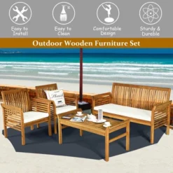 Costway 4 PCS Outdoor Acacia Wood Sofa Furniture Set Cushioned Chair Coffee Table Garden -Outdoor Deals Garden Store GUEST bec487a8 2efe 4bb4 9411 3759cdc87468